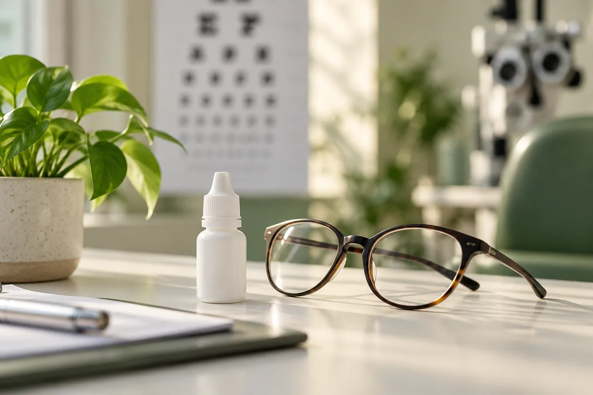 Kapi za oči i naočare na stolu u optometrijskoj ordinaciji