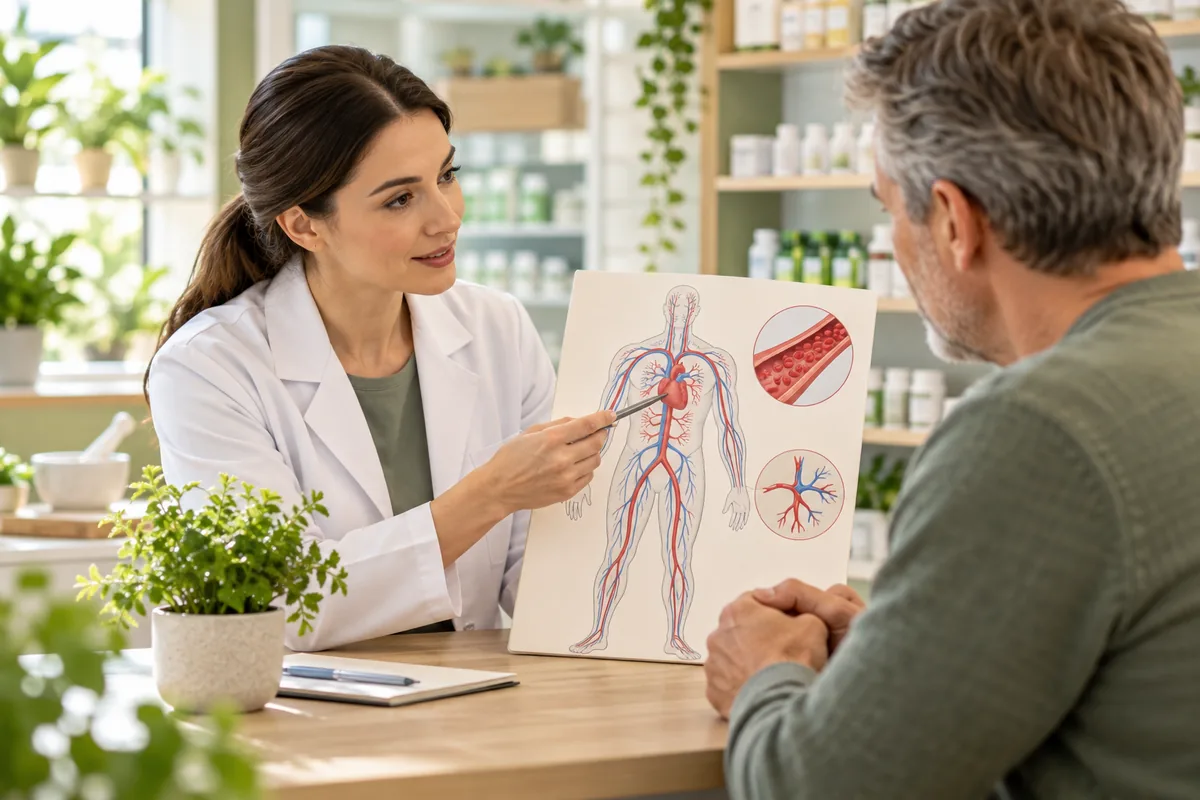 Farmaceut objašnjava šemu krvotoka tokom savetovanja