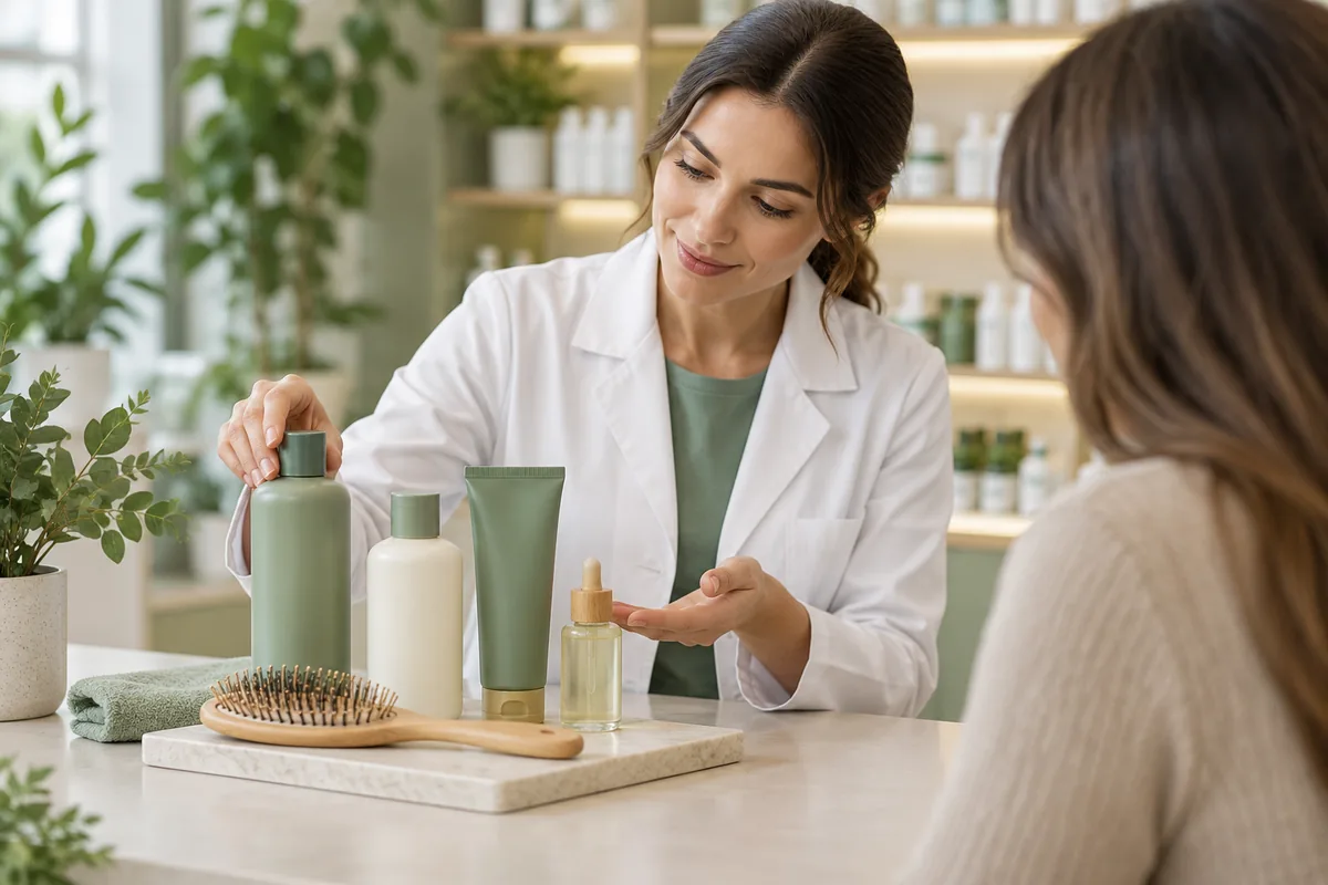 Farmaceut predstavlja preparate za negu kose na pultu