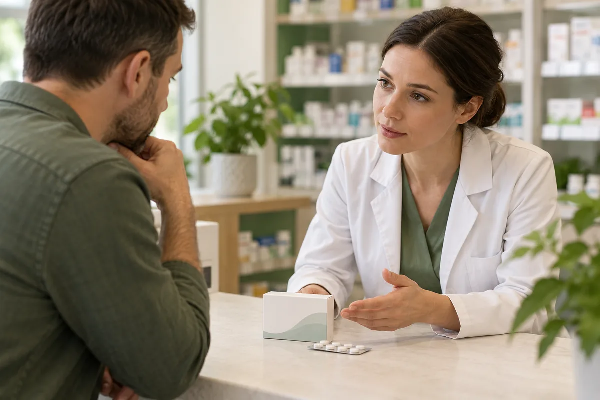Farmaceut predstavlja neutralno pakovanje tableta tokom konsultacije